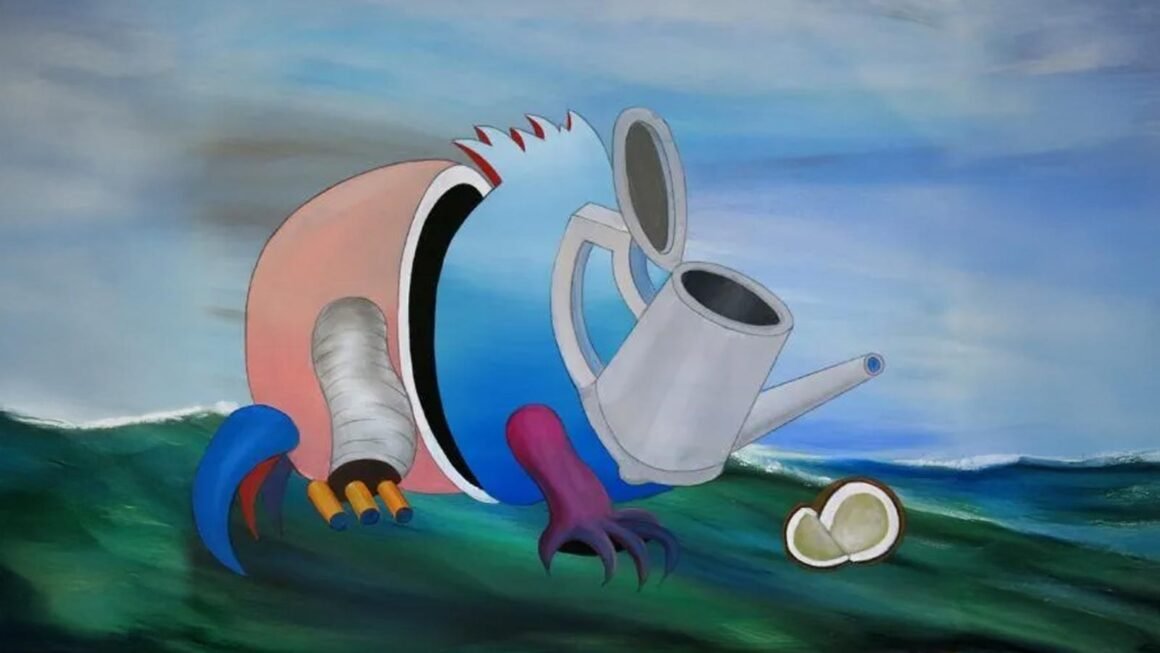 Obra surrealista “A Festa” de Antonio Peticov com regador, cocos e formas antropomórficas