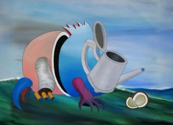 Obra surrealista “A Festa” de Antonio Peticov com regador, cocos e formas antropomórficas