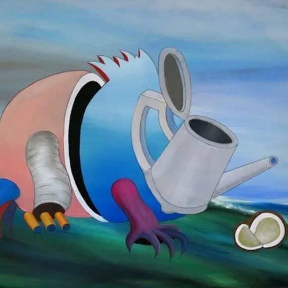 Obra surrealista “A Festa” de Antonio Peticov com regador, cocos e formas antropomórficas