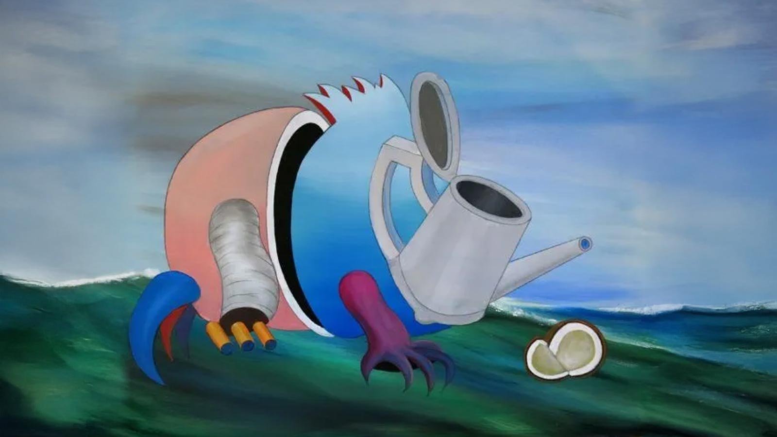 Obra surrealista “A Festa” de Antonio Peticov com regador, cocos e formas antropomórficas