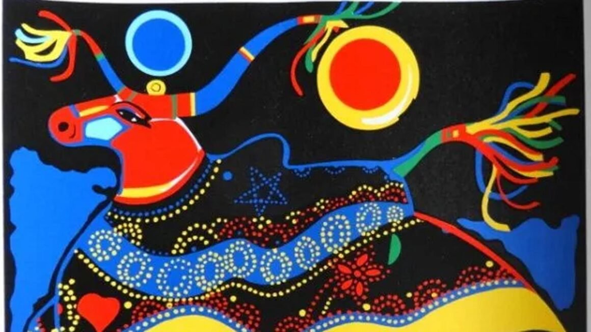 Obra “Bumba Meu Boi” de Aldemir Martins com cores vibrantes e símbolos da cultura nordestina