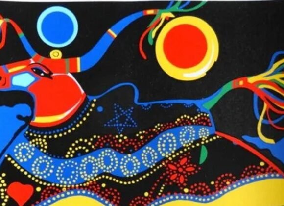 Obra “Bumba Meu Boi” de Aldemir Martins com cores vibrantes e símbolos da cultura nordestina