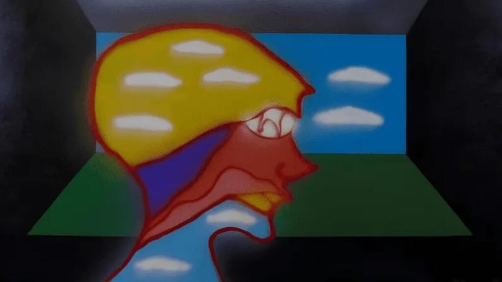 Obra surrealista “Cabeça S/N” de José Roberto Aguilar com perfil distorcido e paisagem onírica