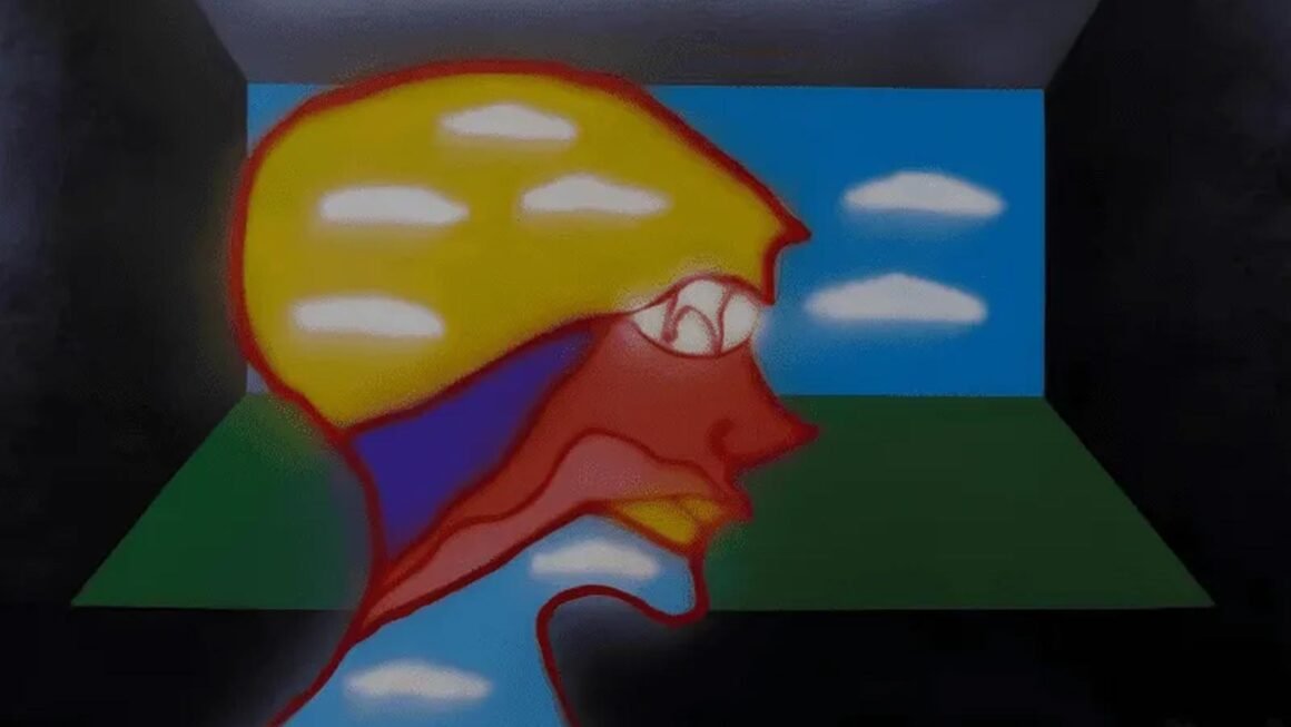 Obra surrealista “Cabeça S/N” de José Roberto Aguilar com perfil distorcido e paisagem onírica