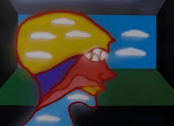 Obra surrealista “Cabeça S/N” de José Roberto Aguilar com perfil distorcido e paisagem onírica