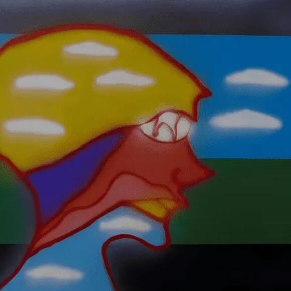 Obra surrealista “Cabeça S/N” de José Roberto Aguilar com perfil distorcido e paisagem onírica