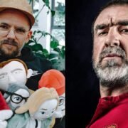 Eric Cantona em sua nova fase como artista, ao lado de criador de bonecos artísticos
