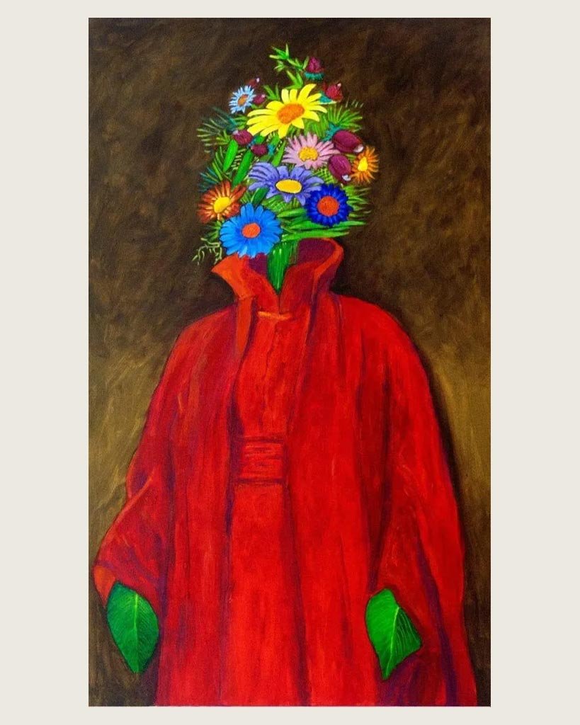 Obra surrealista “Florista Espanhola” de Antonio Peticov com flores no lugar do rosto