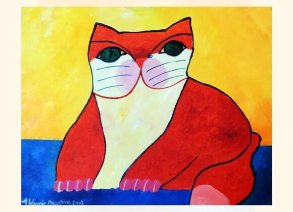 Obra “Gato Big” de Aldemir Martins com fundo amarelo e traços expressivos