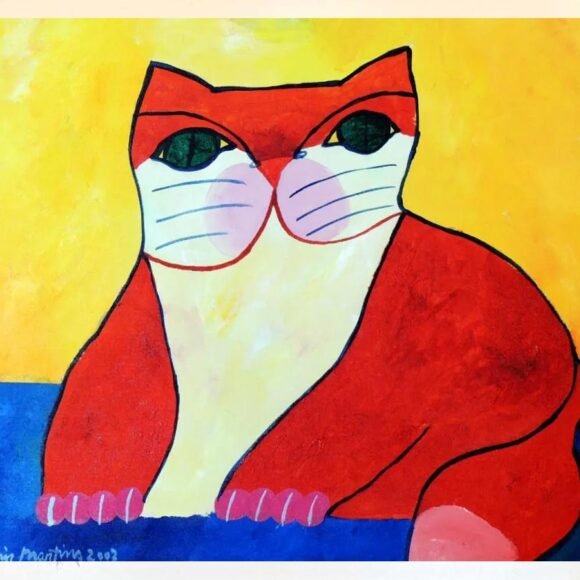 Obra “Gato Big” de Aldemir Martins com fundo amarelo e traços expressivos