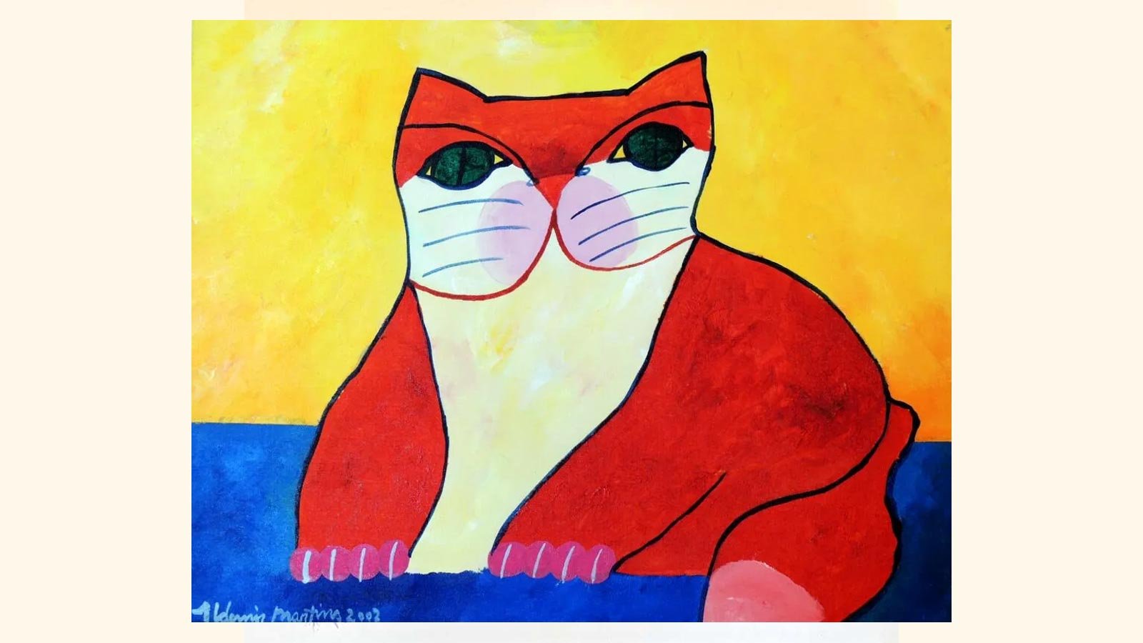 Obra “Gato Big” de Aldemir Martins com fundo amarelo e traços expressivos