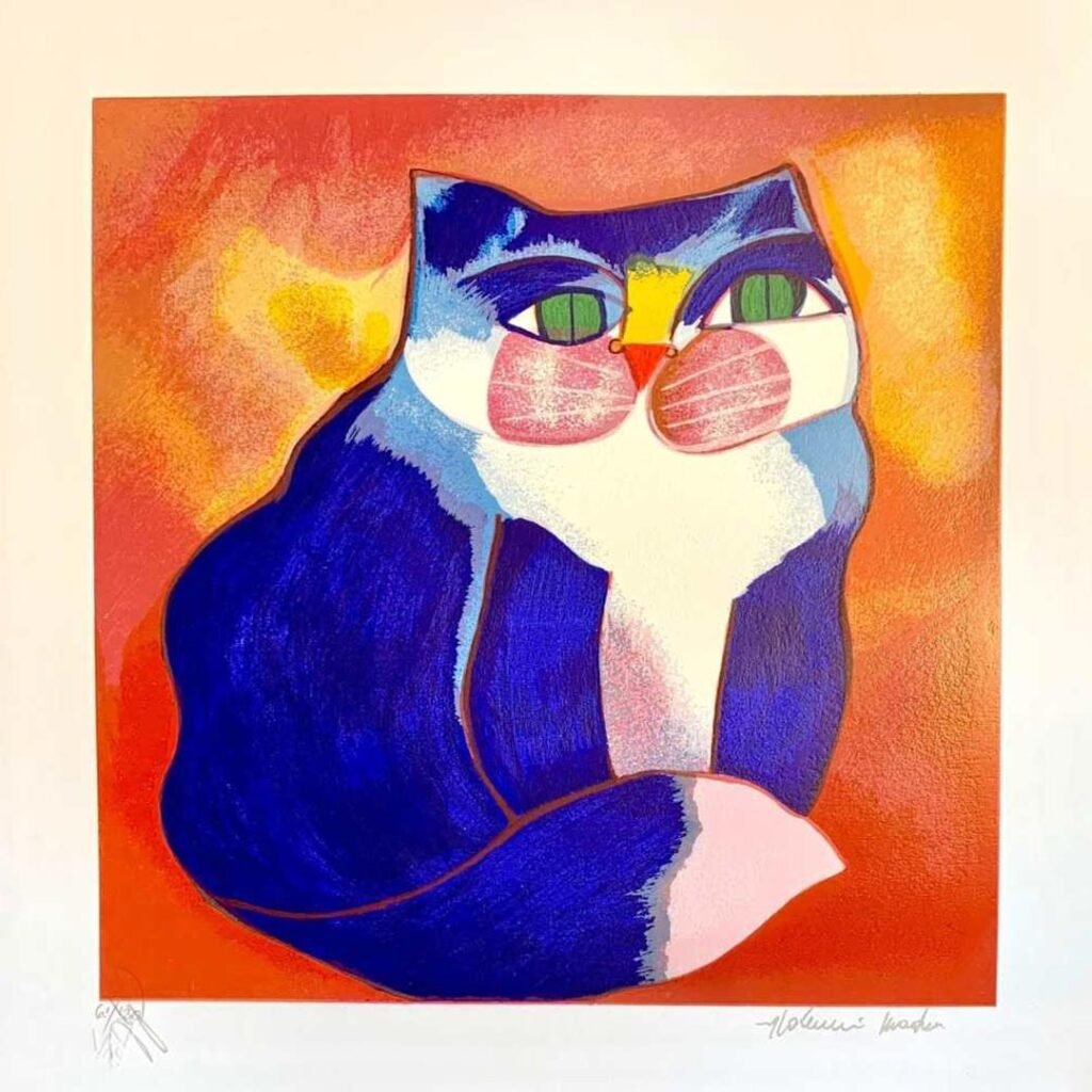 Obra “Gatos Azul” de Aldemir Martins com fundo alaranjado e traços expressivos
