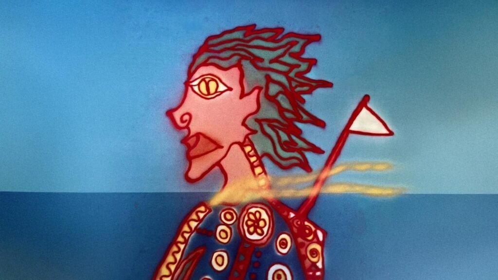 Obra surrealista “Nossa Senhora das Flores” de José Roberto Aguilar com figura mística e bandeira