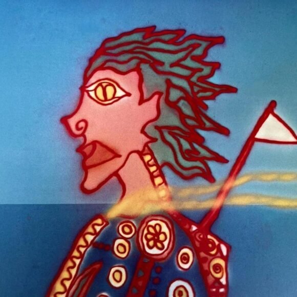 Obra surrealista “Nossa Senhora das Flores” de José Roberto Aguilar com figura mística e bandeira