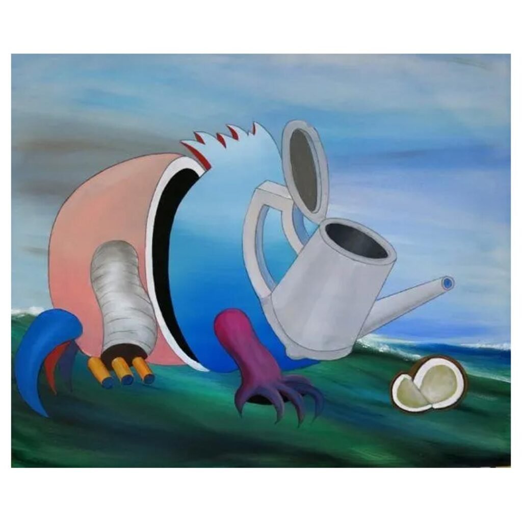 Obra surrealista “A Festa” de Antonio Peticov com regador, cocos e formas antropomórficas.