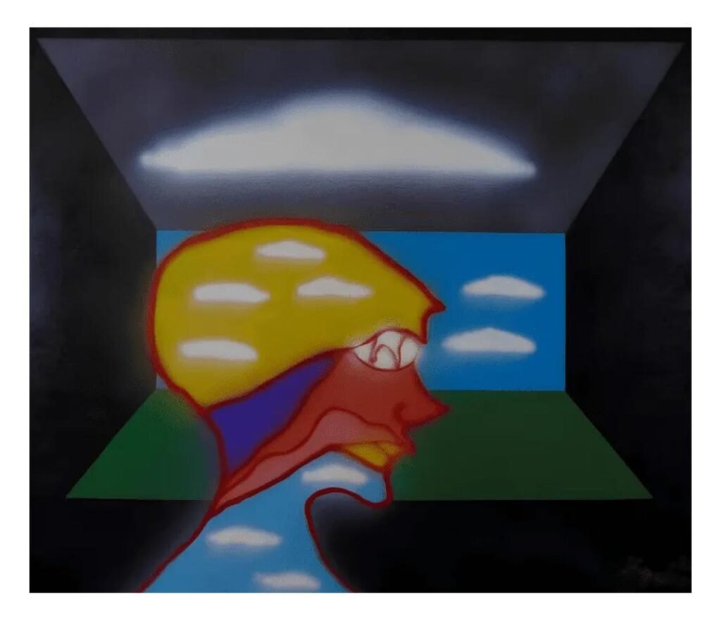 Obra surrealista “Cabeça S/N” de José Roberto Aguilar com perfil distorcido e paisagem onírica