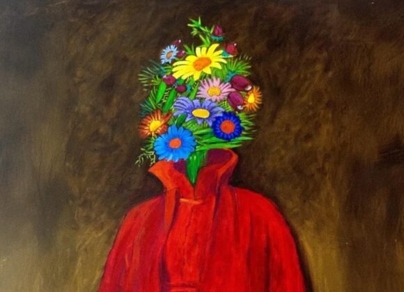 Obra surrealista “Florista Espanhola” de Antonio Peticov com flores no lugar do rosto.