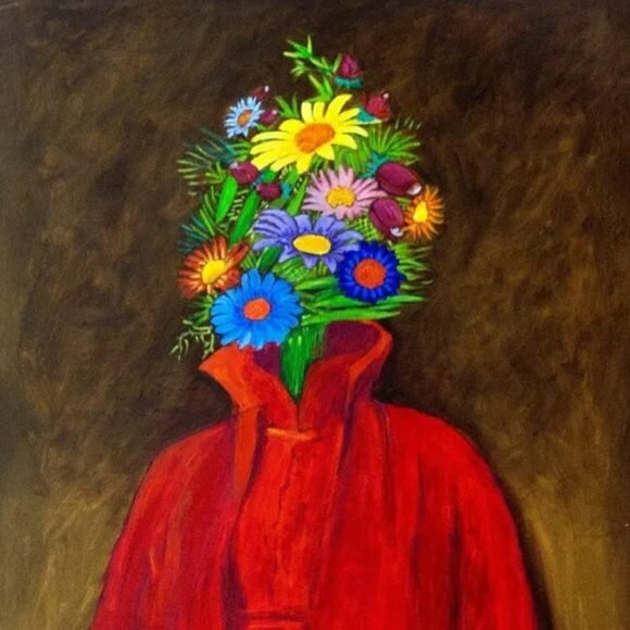 Obra surrealista “Florista Espanhola” de Antonio Peticov com flores no lugar do rosto.