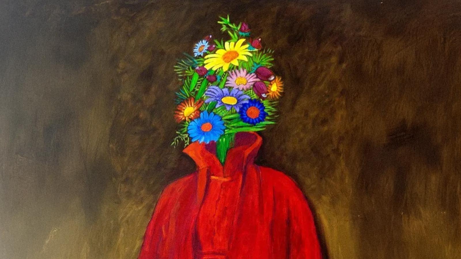 Obra surrealista “Florista Espanhola” de Antonio Peticov com flores no lugar do rosto.