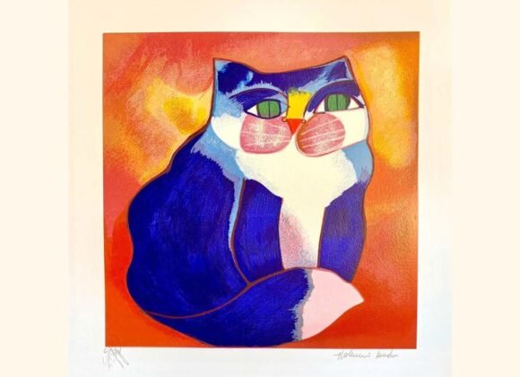 Obra “Gatos Azul” de Aldemir Martins com fundo alaranjado e traços expressivos