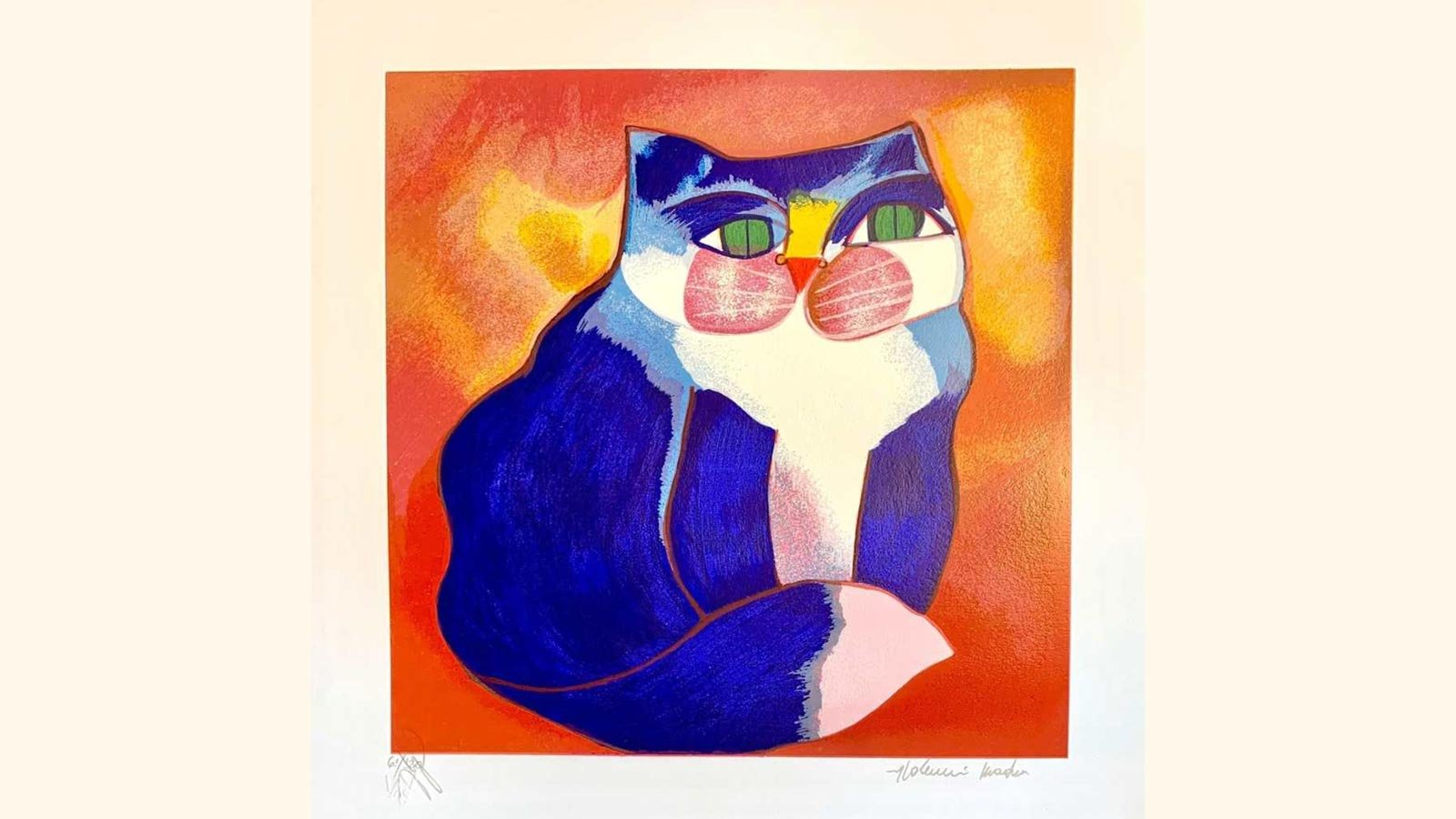 Obra “Gatos Azul” de Aldemir Martins com fundo alaranjado e traços expressivos