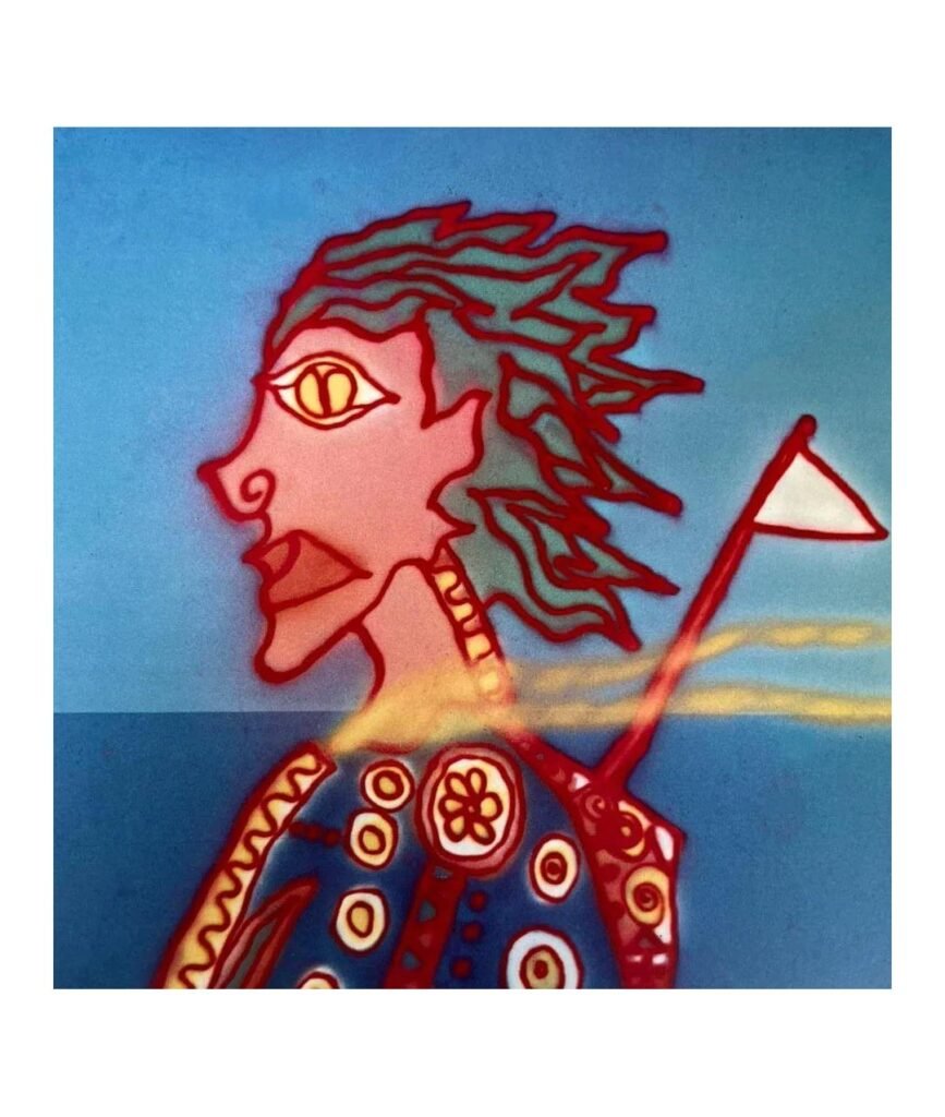 Obra surrealista “Nossa Senhora das Flores” de José Roberto Aguilar com figura mística e bandeira